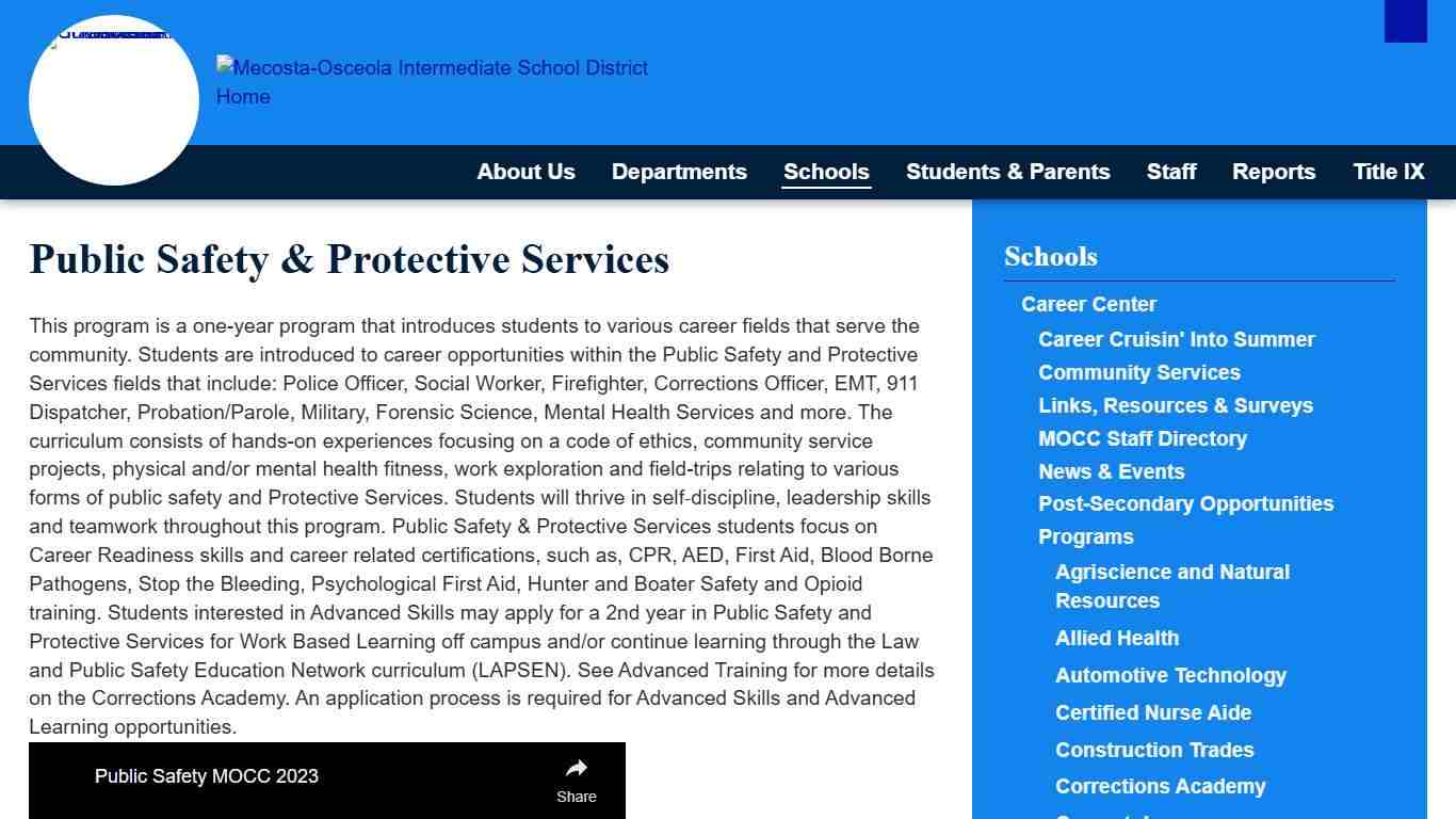 Public Safety & Protective Services - Programs - Career Center - Schools - Mecosta-Osceola Intermediate School District